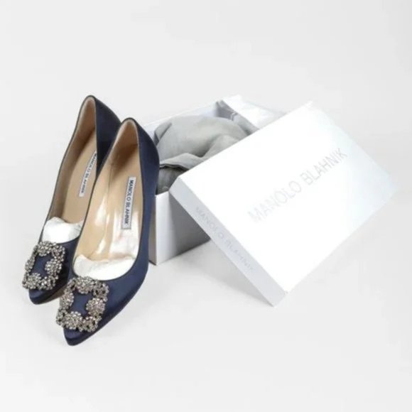 Manolo Blahnik Hangisi Blue Satin Jewel Pumps - Picture 11 of 11